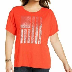 TOMMY HILFIGER  RED METALLIC GRAPHIC PREPPY COASTAL MARINE TEE TOP SIZE: 1X NWT